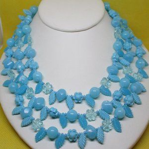 SIGNED W GERMANY NECKLACE Triple Strand Blue Flower Necklace Fruit Salad Beaded
